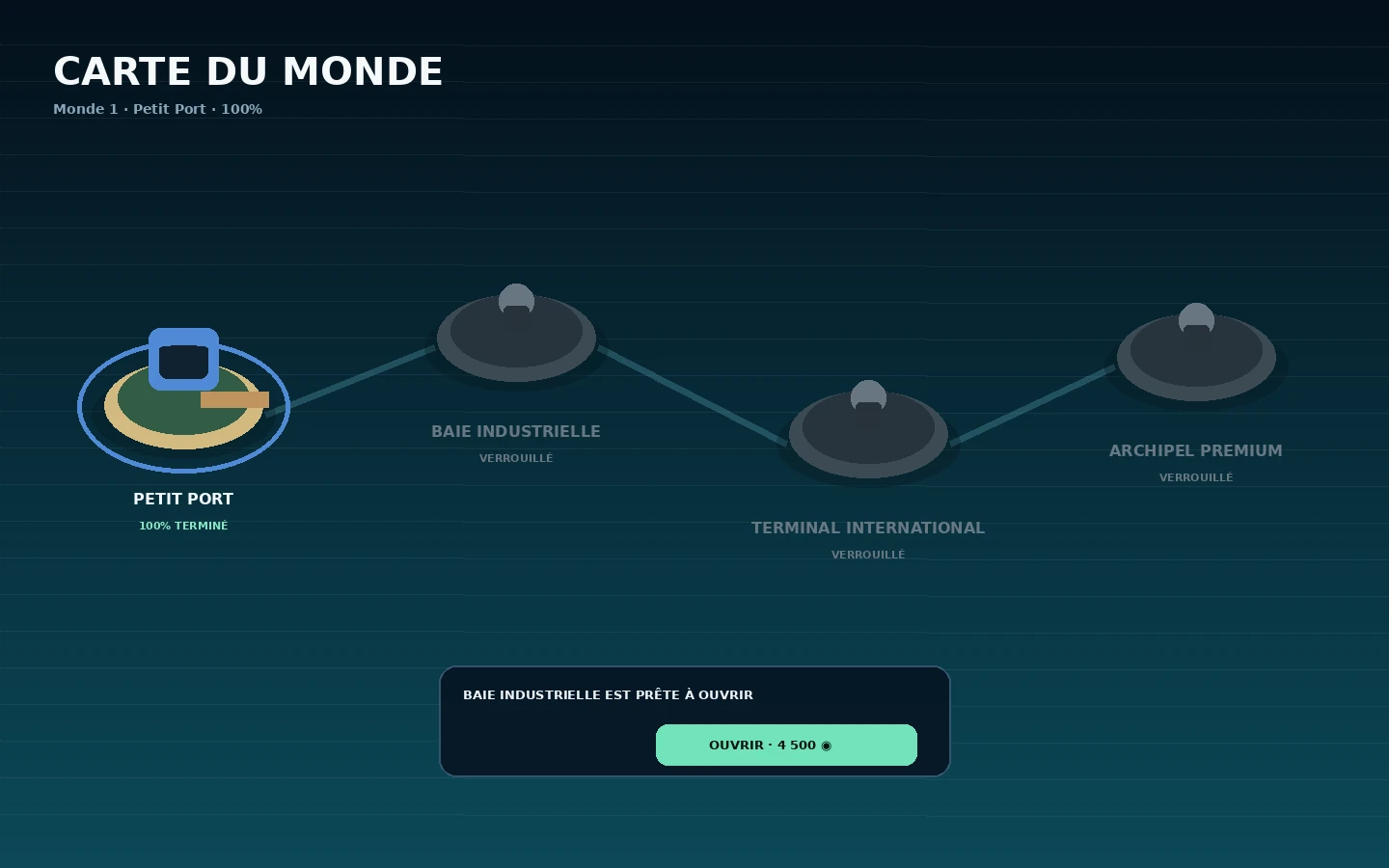 Carte du monde MiniBotteur avec plusieurs zones à débloquer